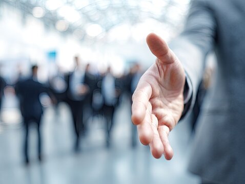 Close-up of a handshake in a modern, busy indoor setting