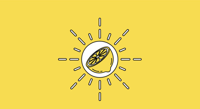 Simple graphic illustration of a bright yellow sun with a fresh lemon slice in the center on a solid yellow background.