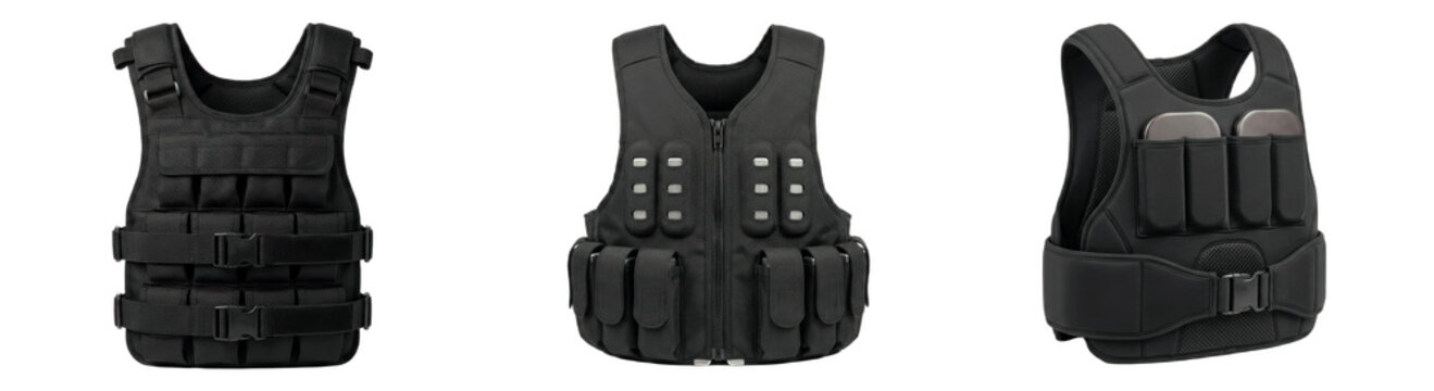 A Set of tactical style black weighted vests for strength and endurance training, isolated on white background adjustable fitness weight vest PNG for catalog designs


