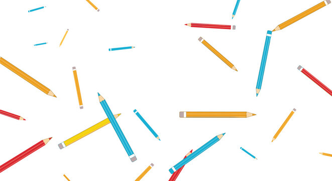 Seamless pattern of colorful pencils scattered randomly on a white background for school and creativity themes.