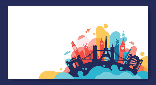 Silhouette of world landmarks like the Eiffel Tower and Big Ben over a colorful abstract background with white copy space.