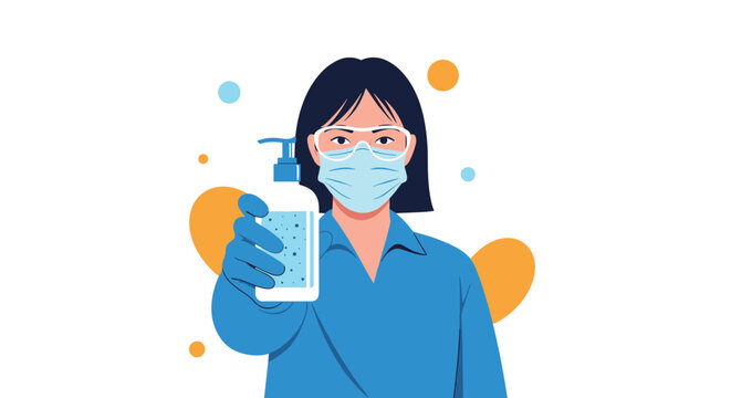 Female healthcare worker wearing a mask, goggles, and gloves holding a bottle of hand sanitizer for hygiene protection.