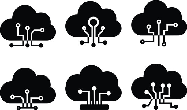 Six Black Cloud Computing Icons With Circuit Board Connections Keywords: cloud, computing, technology, icon, symbol, circuit