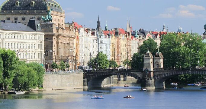 4K Locked down stationary motion view of the Vltava River in the city center of Prague on a summers day with many people boating and cruising on the water, Prague, Czech Republic
