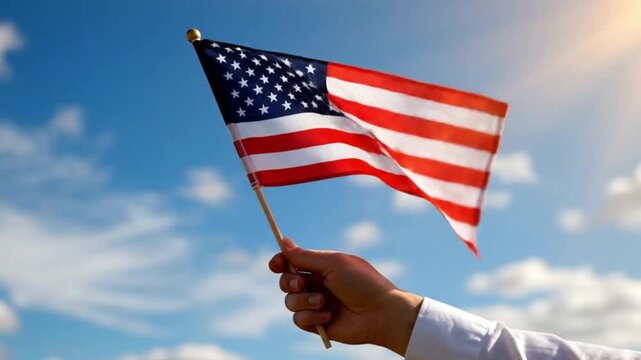 Hand holding a small american flag against a blue sky
