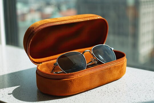 Stylish metallic-framed sunglasses resting in a soft, open orange protective case
