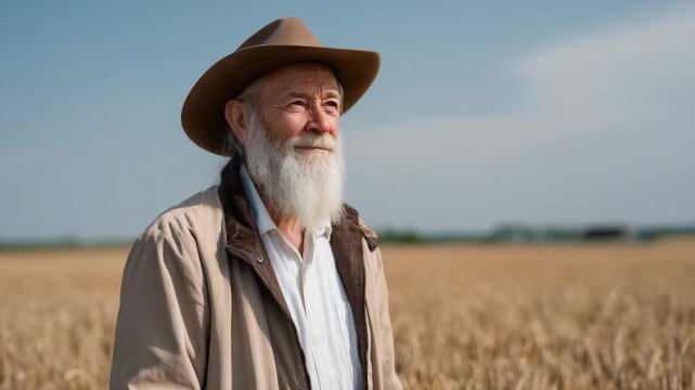 Elderly Farmer Wearing Hat Gazing Out Over Golden Wheat Field
