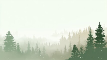 Fototapeta premium Misty forest landscape with layers of evergreen trees fading into a pale foggy background, abstract story book background for kids