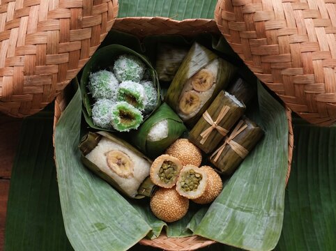 Authentic Indonesian Traditional Snacks Jajanan Pasar Assortment in Woven Bamboo Besek Basket