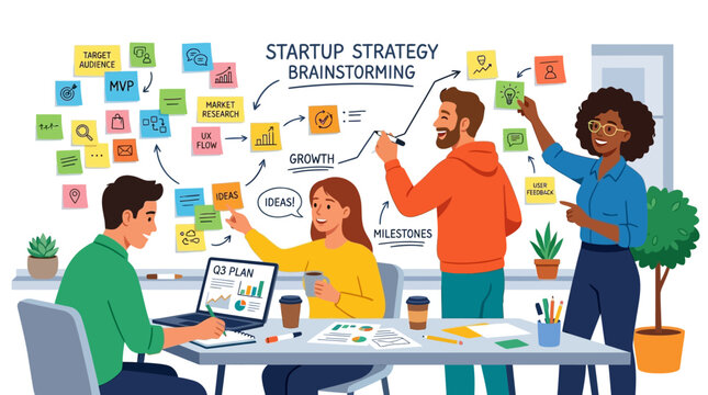 People brainstorming startup strategy with sticky notes in office