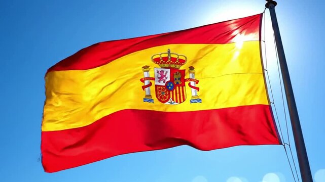 The national flag of spain waving against a clear blue sky