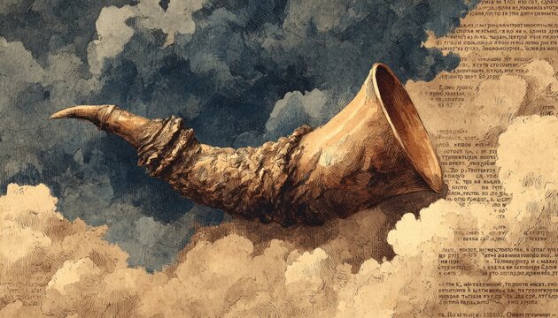 Watercolor background of shofar horn in cream and brown shades, soft spiritual look with copy space
