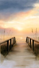 Obraz premium Tranquil ocean sunset watercolor illustration of a wooden boardwalk scene evokes peaceful serenity
