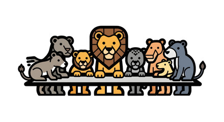 Fototapeta premium Cartoon lion and cubs sitting together.