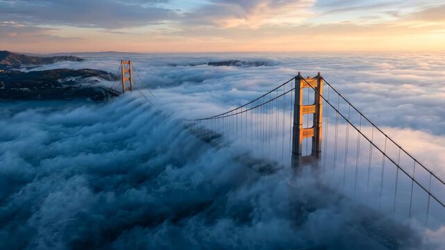 Advection Fog Rolls Over Suspension Bridge Towers at Sunrise