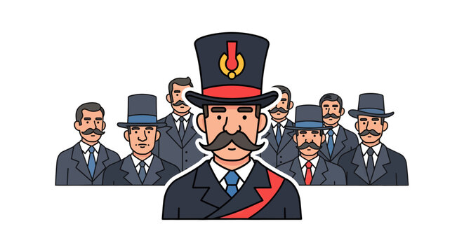Cartoon train conductor with mustache.