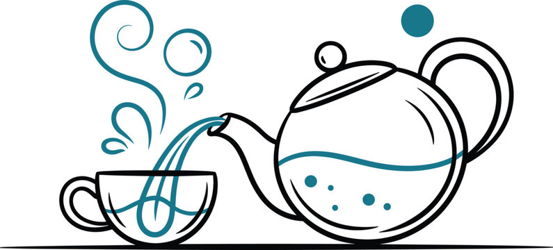 Minimalist Line Art Teapot Pouring Tea Into Cup Vector Illustration Featuring Whimsical Steam Swirls and Splashes for Cafe Menu Designs