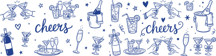Hand drawn cocktail and wine glass doodle set. Sketch illustration of hands toasting, champagne bottle and drinks for party celebration. © FreelancerHasin
