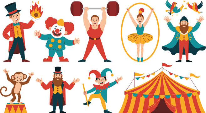 Cute Cartoon Circus Performers Vector Set Featuring Magician Clown Strongman Gymnast Trained Monkey Jester and Big Top Tent for Entertainment Designs