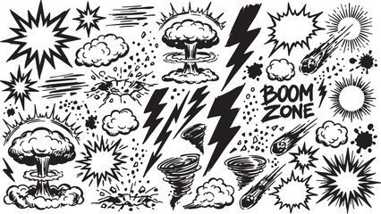Comic explosion vector graphics set with boom zone text and various cartoon style illustrations of atomic blasts and lightning bolts in black and white © Ajoy