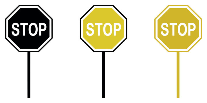 Three different colored stop signs isolated on a white background for traffic safety concepts.