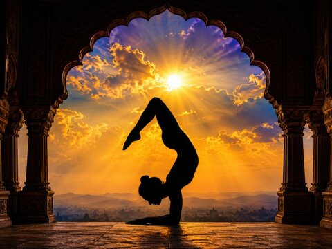 Yoga silhouette in scorpion pose at sunrise, spiritual meditation in ancient temple archway, wellness and mindfulness practice during golden hour