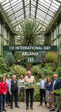 Group of People Celebrating International Day of Argania in Botanical Greenhouse.