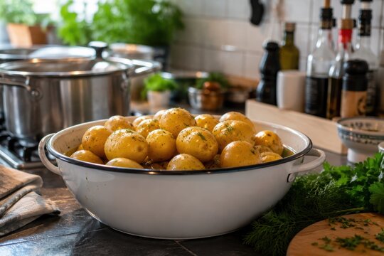 Fresh boiled baby potatoes in white enamel bowl, rustic home kitchen cooking scene, organic yellow potatoes with dill and herbs