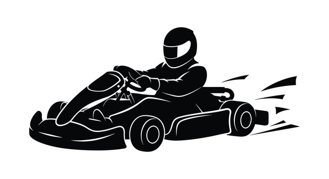 Kart racing driver in helmet and vehicle dynamic action pose black silhouette