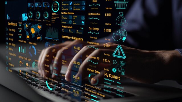 Inventory management dashboard showing supply chain performance, stock levels, order cycle times, cost reduction, and procurement ROI. Inventory tracking, and streamline warehouse efficiency. Thunk