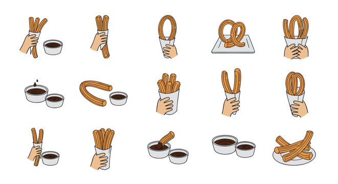Collection of hands holding crispy churros in paper cones and dipping them into small bowls of rich chocolate sauce.
