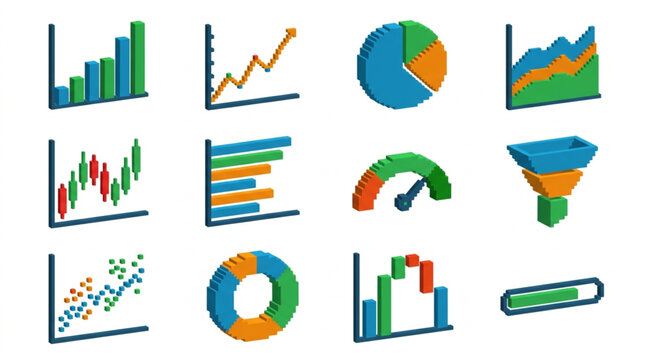 Collection of 3D business charts and graphs icons.