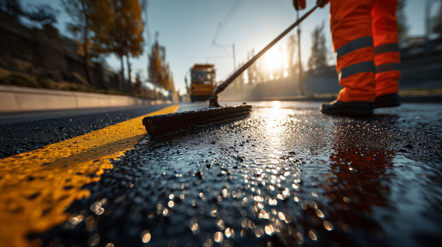 road maintenance worker clearing wet pavement surface at sunrise with municipal infrastructure cleaning operation
