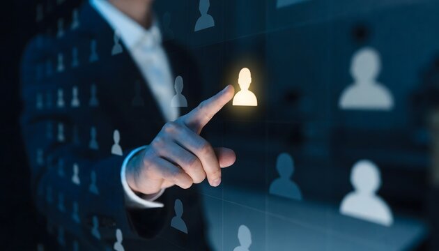 Hand Pointing at a Highlighted Icon on a Digital Screen with Multiple User Icons Featuring Finger, Profile, Technology with Modern and Business Elements for Corporate, Interaction Projects