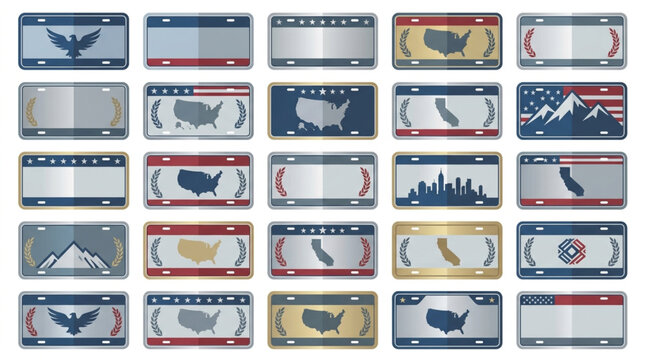 Collection of American themed license plates with various designs.