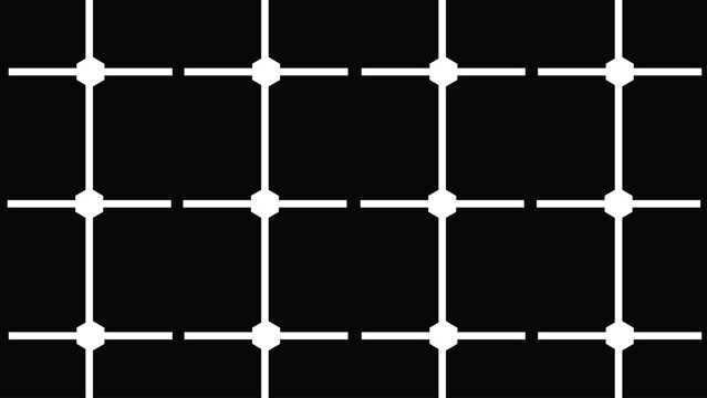 Hermann grid illusion vector with intersecting white lines and dots on black background creating optical visual perception effect