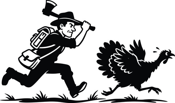 Cartoon man chasing turkey with axe vintage illustration