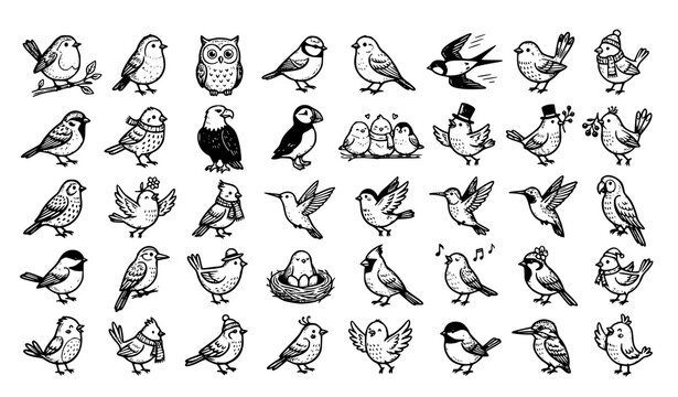 Wild Bird Species Set Outline Doodle Line Art Black White Icon Collection Vector Illustration Bundle