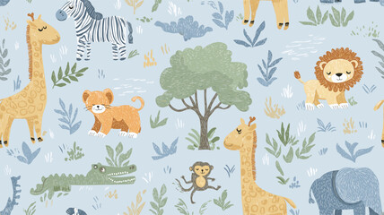 Obraz premium Safari animals pattern with giraffes, elephants, and lions on a light blue background. Cute cartoon jungle animals seamless pattern