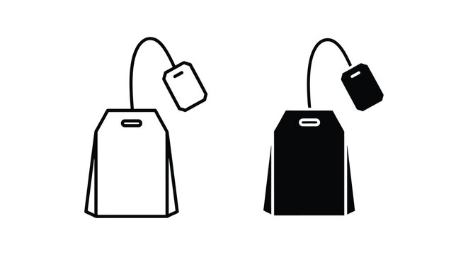 Two tea bag silhouettes with string and tag black and white illustration silhouette