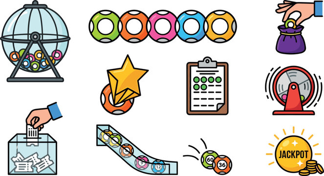 Lottery Bingo and Raffle Game Icon Set with Lucky Draw Machine Balls Fortune Wheel Tickets and Jackpot Symbols for Gambling Websites and Mobile Apps