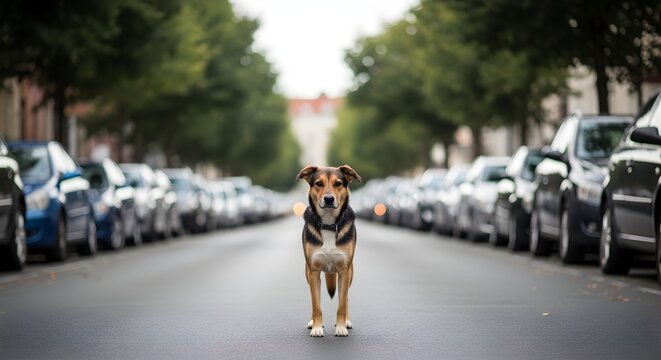 Mixed Breed Dog Standing Fearlessly in the Middle of a Quiet Suburban Street Among Parked Cars