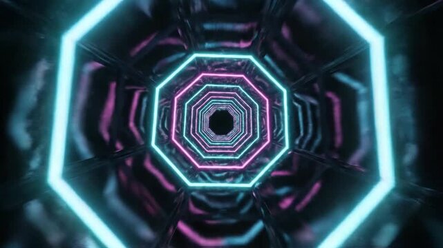 Abstract neon light tunnel motion graphic with purple and cyan glowing shapes in dark space