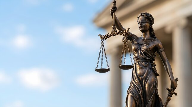 Lady Justice Statue Standing Proudly Before the Classical Columns of a Supreme Court Building