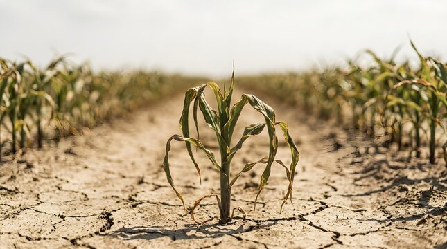 Drought Damaged Corn Crops Struggling for Survival in Parched Cracked Earth Soil Fields