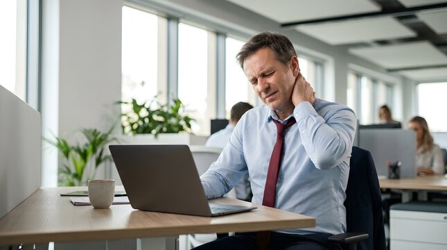 Stressed Businessman Suffering from Severe Neck Pain While Working on Laptop in Office