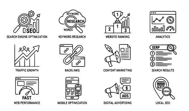 SEO line icons vector search engine optimization collection