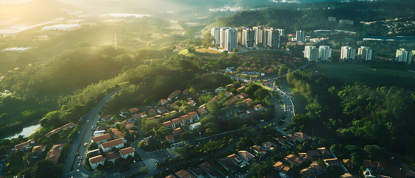 "Urban Oasis: A City Intertwined with Nature, Showcasing Harmonious Coexistence of Modern and Natural Elements"