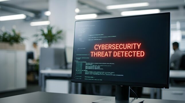 Cybersecurity Threat Detected on Computer Screen in Modern Office Environment