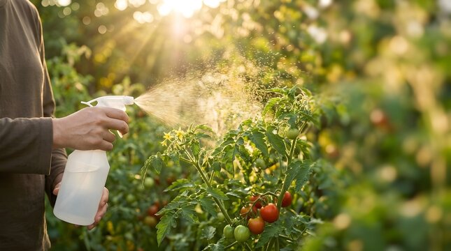 Gardener Sprays Tomato Plants with Water in Greenhouse at Sunset